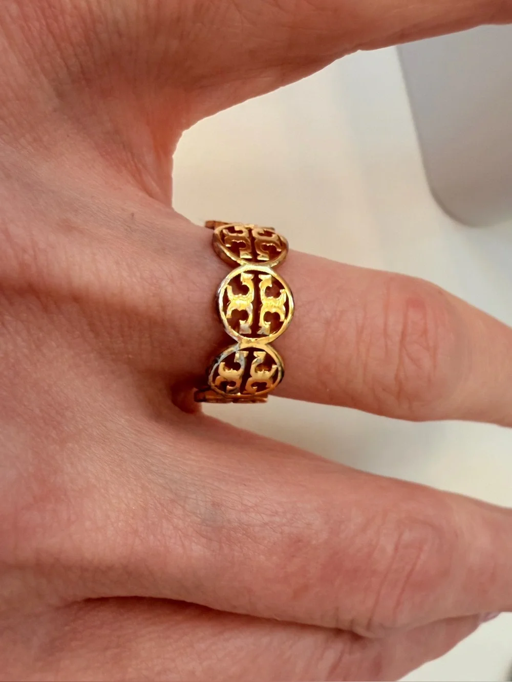 Tory Burch Gold Tone Logo Openwork Band Ring, Size 8